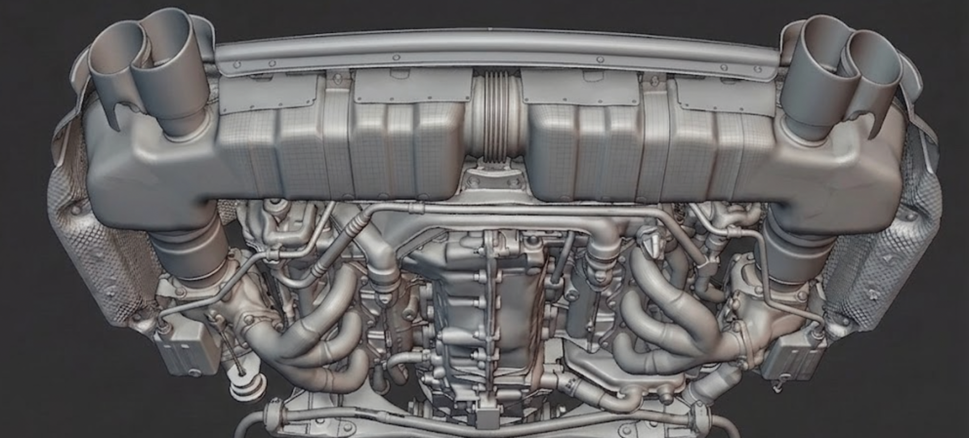 High-resolution 3D scan of the 996 Turbo underbody showing the OEM exhaust, mufflers, and engine packaging