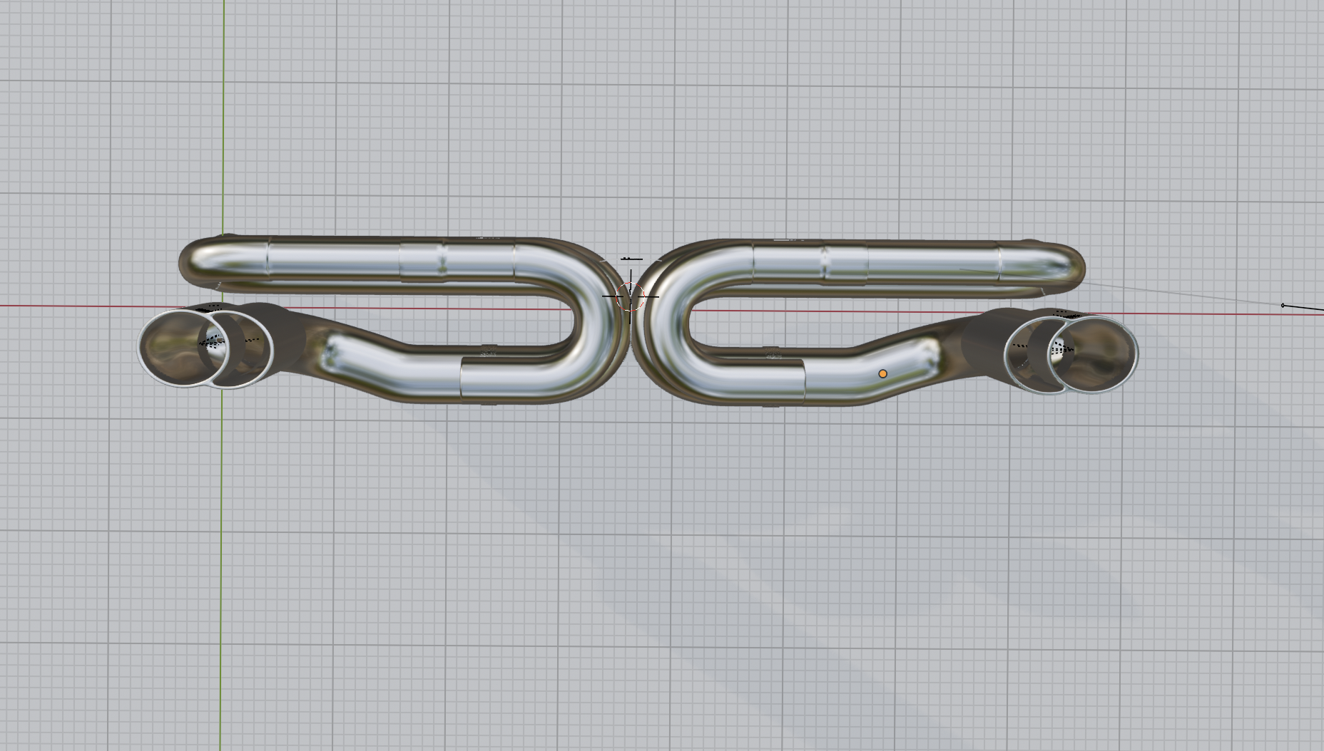 Top-down CAD view of the full exhaust layout showing mirrored flow paths and symmetrical routing