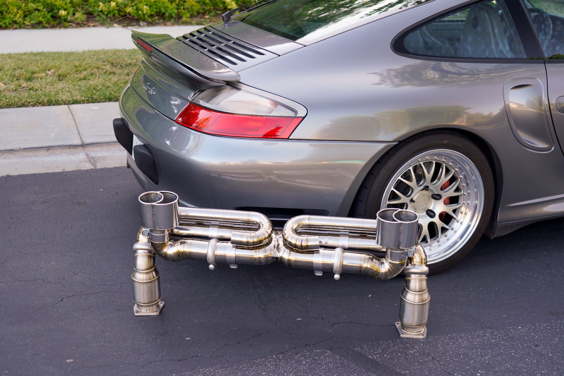 Rear quarter of 996 Turbo with full titanium X-pipe exhaust installed