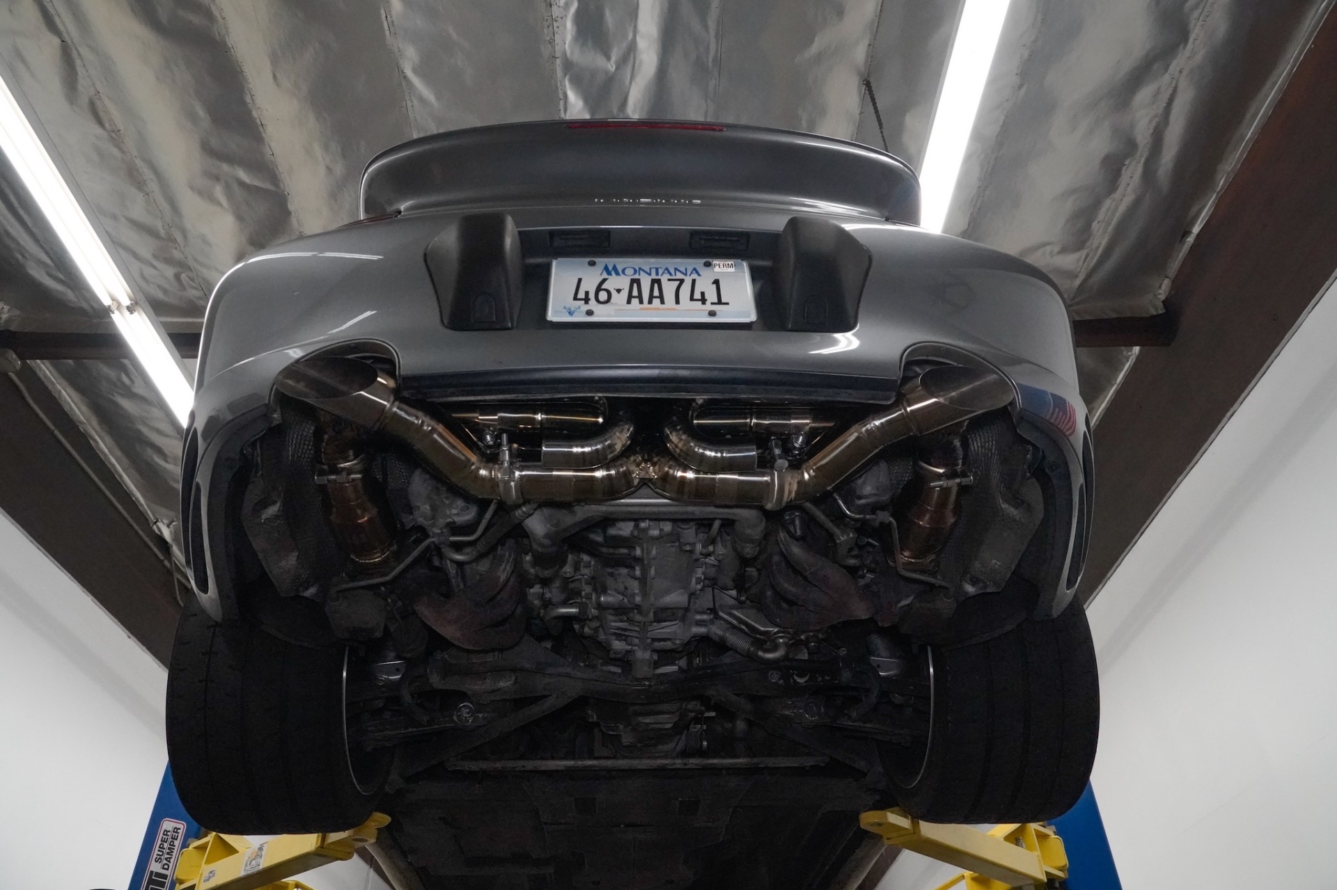 Underbody view of the 996TT with Meisterwerk slash-cut tips installed